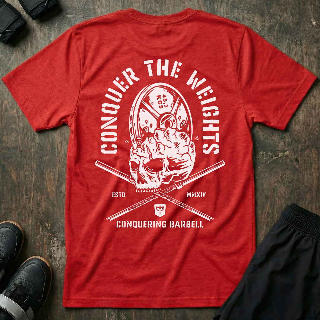 Conquer the Weights - Skull Smash Tee - Conquering Barbell