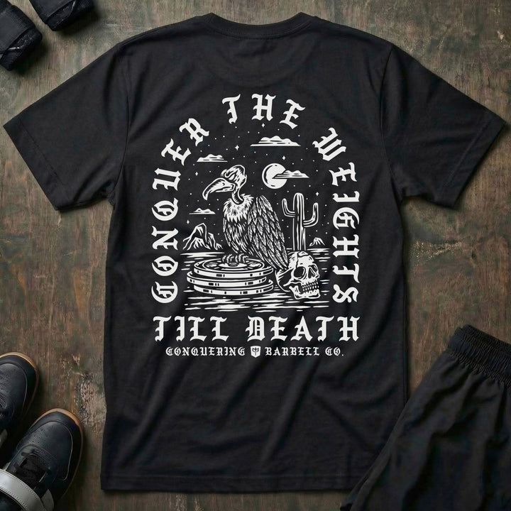 Conquer the Weights - Vulture - on Black Tee - Conquering Barbell