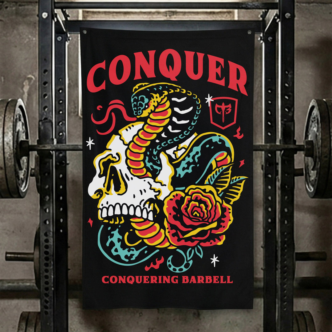 Conquer Till Death - Polyester Flag, vertical black gym flag with cream skull with a red cobra and a red rose - Conquering Barbell