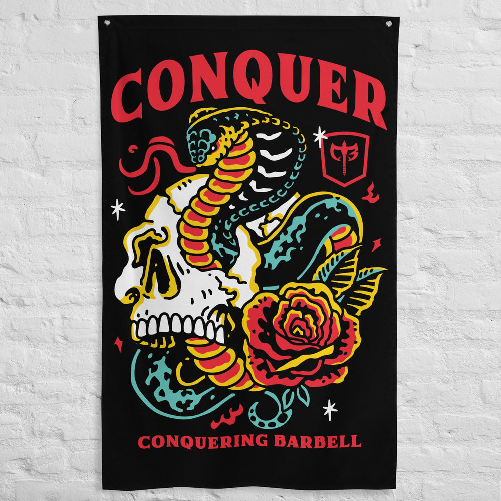 Conquer Till Death - Polyester Flag, vertical gym flag hanging in a home gym - Conquering Barbell