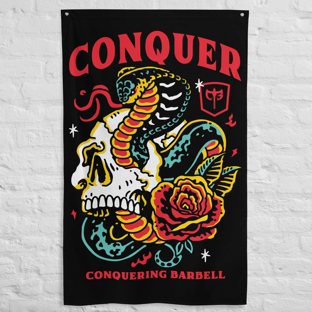 Conquer Till Death - Polyester Flag, vertical gym flag hanging in a home gym - Conquering Barbell