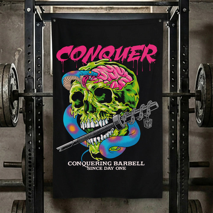 Conquer - Venom - Polyester Flag, vertical black gym flag with green zombie skull with a serpent coiled around a barbell - Conquering Barbell