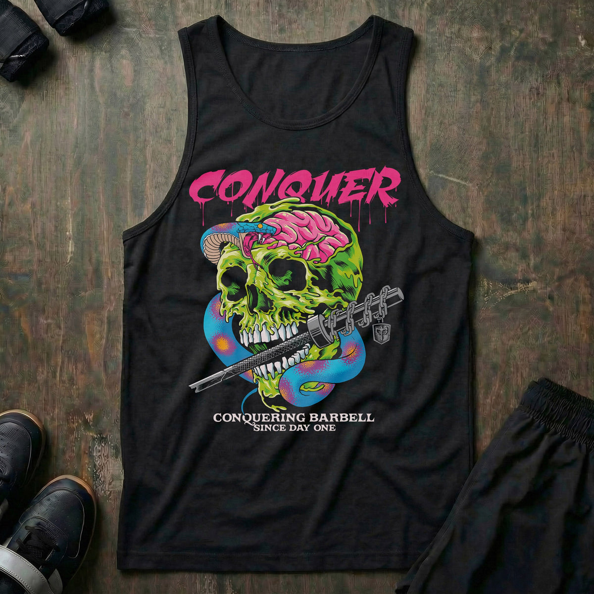 Conquer Venom tank top in Black: a venomous snake coiled around a skull head