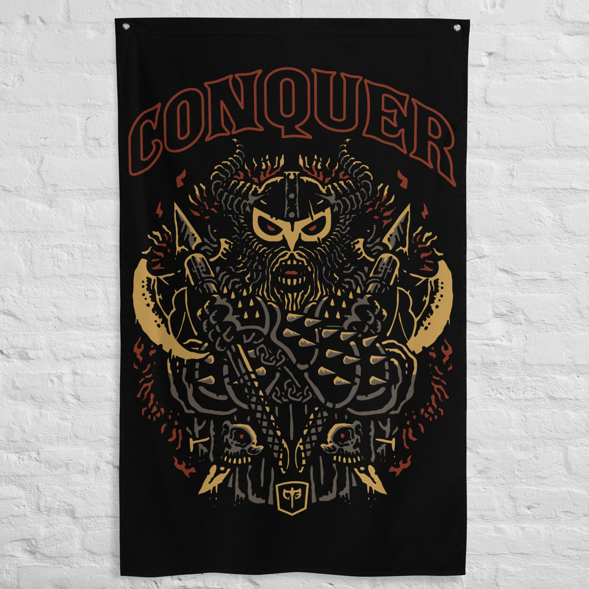 Conquer - Viking - Polyester Flag, vertical gym flag hanging in a home gym - Conquering Barbell