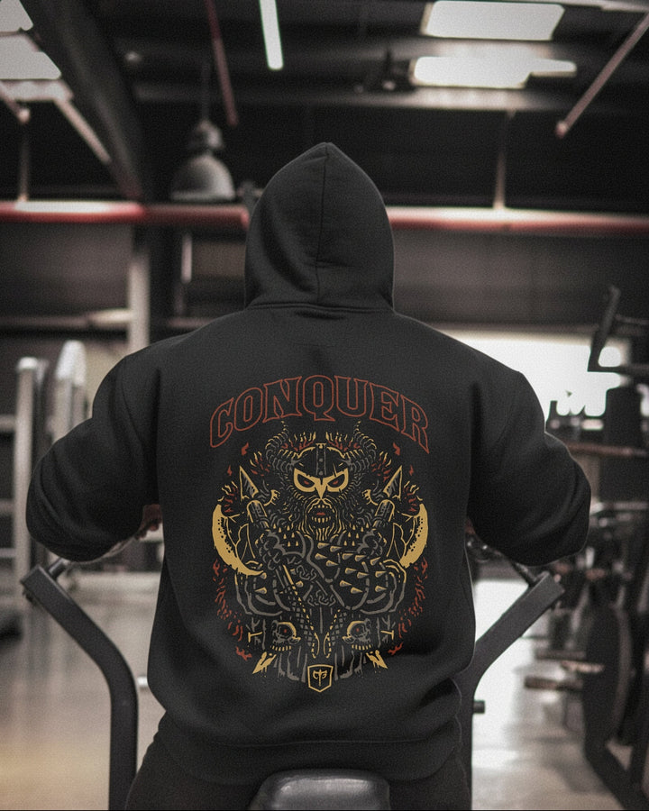 Conquer - Viking - on Black Pullover Hoodie - Conquering Barbell
