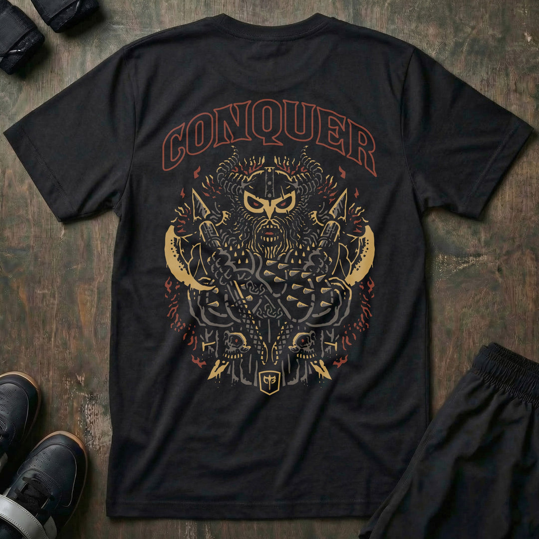 Conquer - Viking - on Black Tee - Conquering Barbell