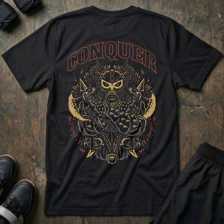 Conquer - Viking - on Black Tee - Conquering Barbell