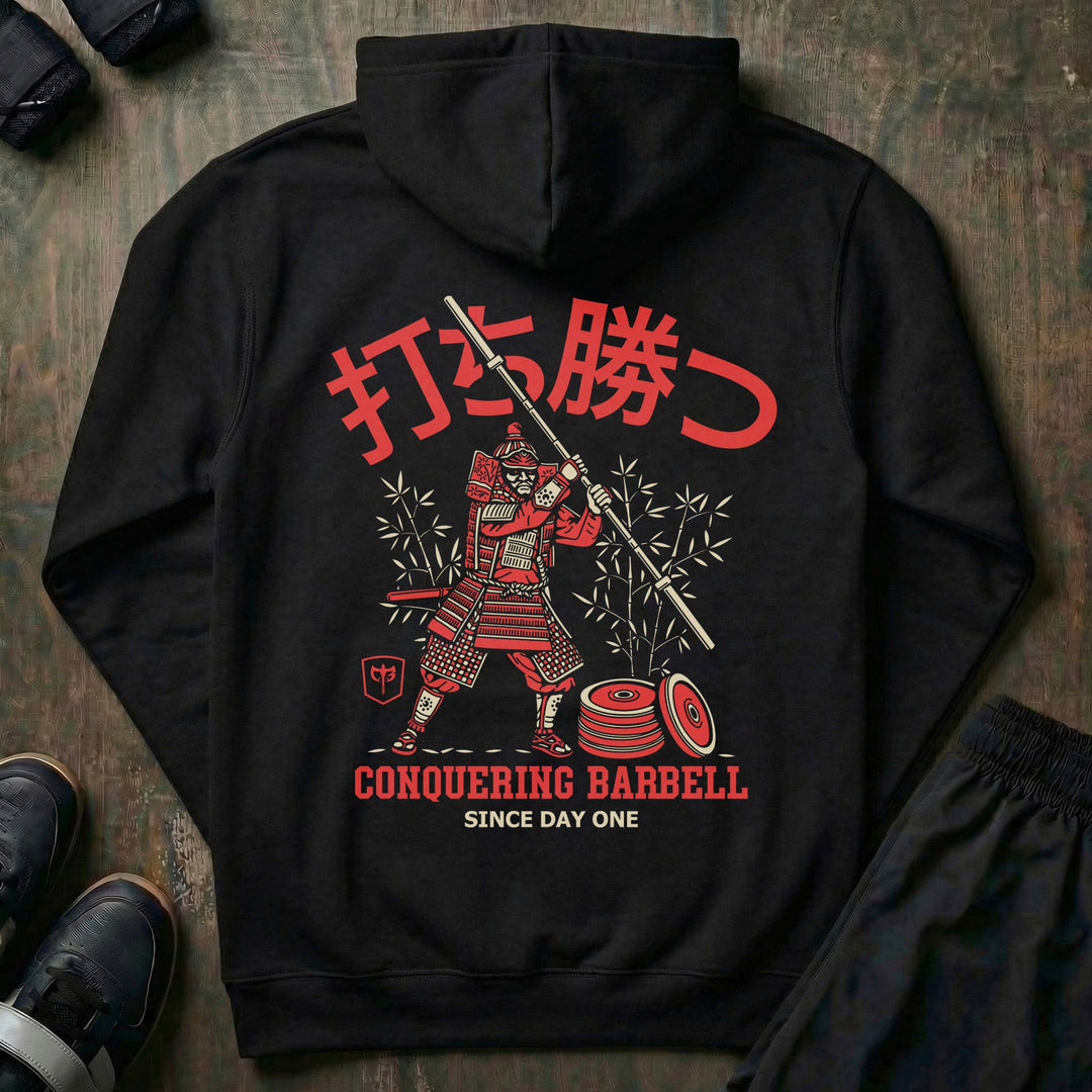 Conquer - Way of the Samurai - on Black Pullover Hoodie - Conquering Barbell
