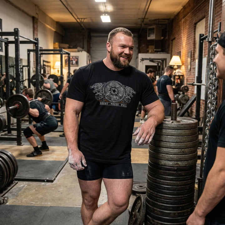 Conquering Barbell Dueling Bears tee in Black: two roaring grizzlies flanking an Olympic weight plate