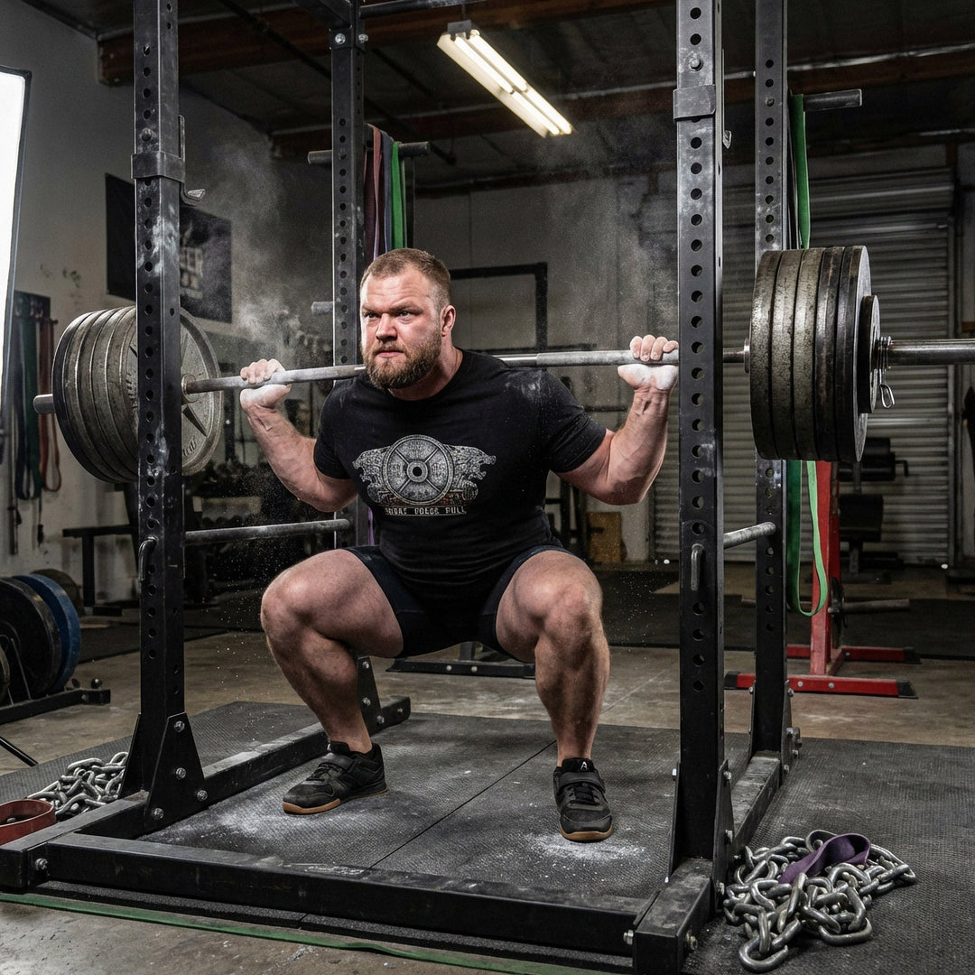 Conquering Barbell Dueling Bears tee in Black: two roaring grizzlies flanking an Olympic weight plate