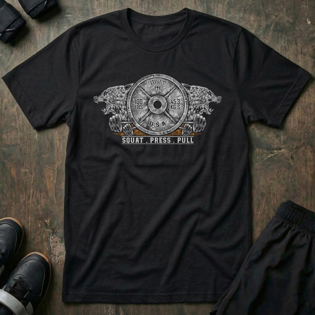 Conquering Barbell Dueling Bears tee in Black: two roaring grizzlies flanking an Olympic weight plate