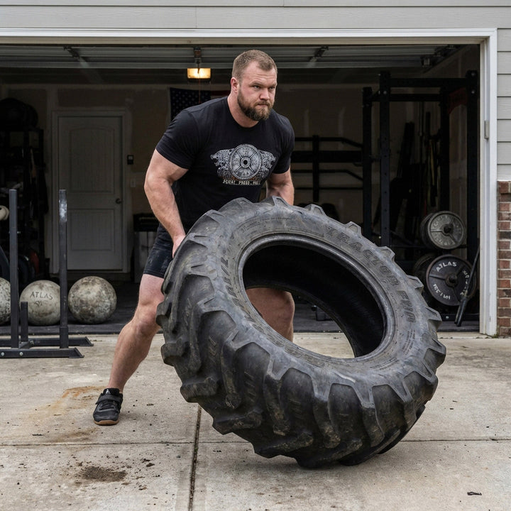 Conquering Barbell Dueling Bears tee in Black: two roaring grizzlies flanking an Olympic weight plate