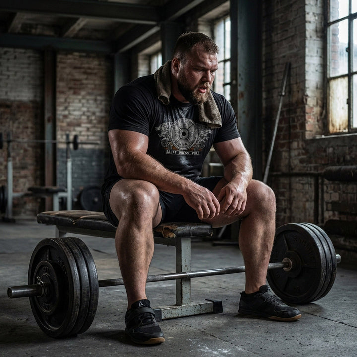 Conquering Barbell Dueling Bears tee in Black: two roaring grizzlies flanking an Olympic weight plate