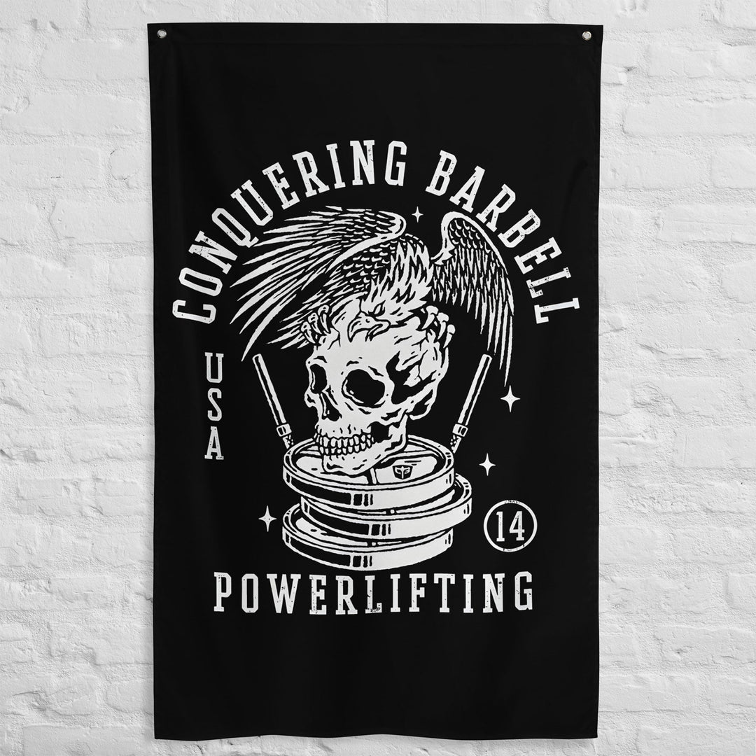 Conquering Barbell Eagle Powerlifting - Polyester Flag, vertical gym flag hanging in a home gym - Conquering Barbell