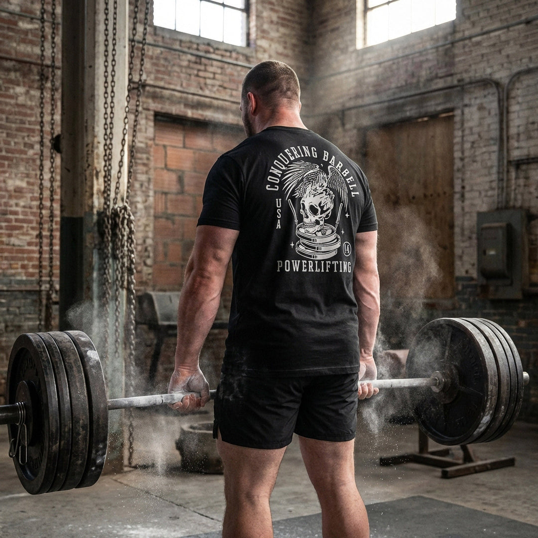 Conquering Barbell Eagle tee in Black: an eagle with spread wings perched on a skull atop stacked plates