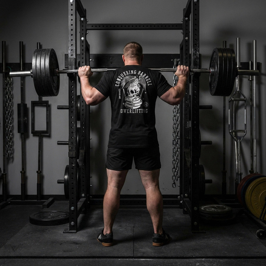 Conquering Barbell Eagle tee in Black: an eagle with spread wings perched on a skull atop stacked plates