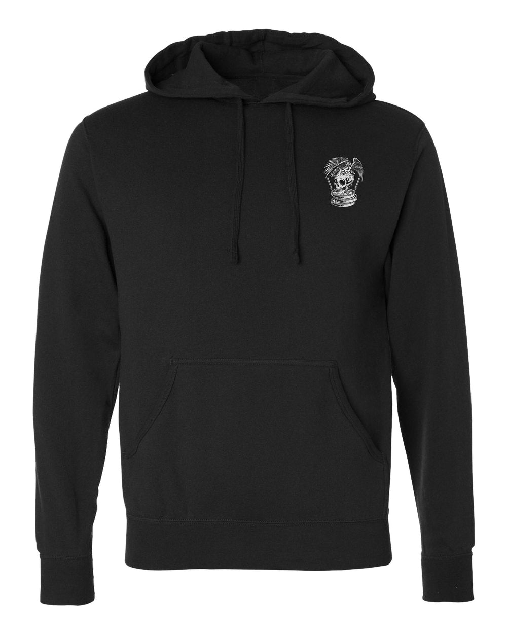 Conquering Barbell Eagle pullover hoodie in Black: spread wings over a skull perched on stacked plates with twin barbells