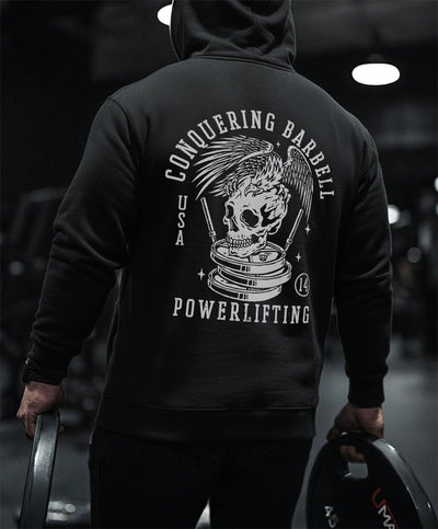 Conquering Barbell Eagle Powerlifting - on Black Pullover Hoodie - Conquering Barbell