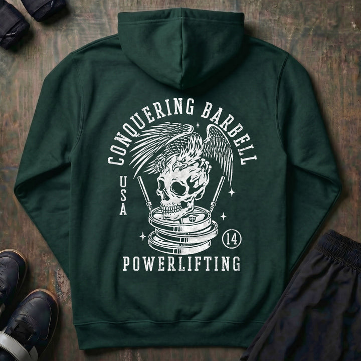 Conquering Barbell Eagle Powerlifting pullover hoodie in Alpine Green, back print