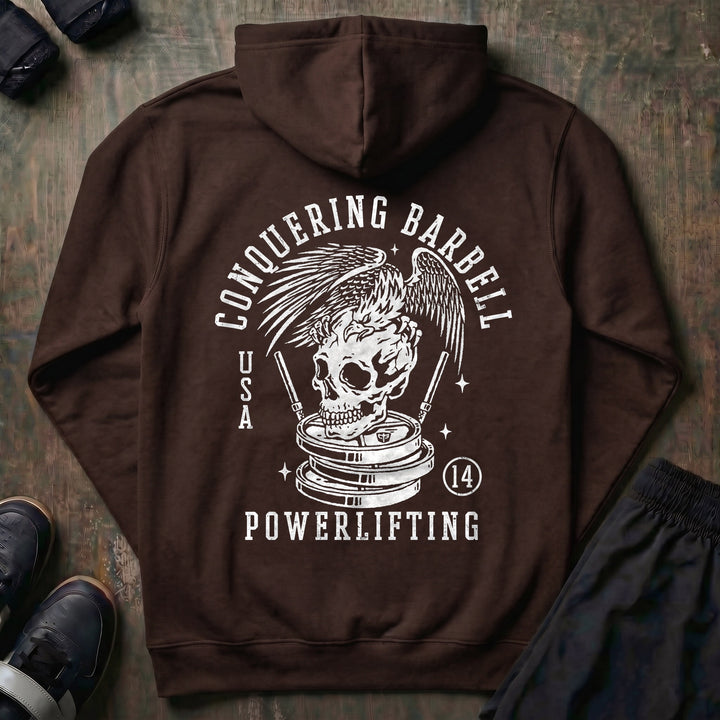 Conquering Barbell Eagle Powerlifting pullover hoodie in Brown, back print