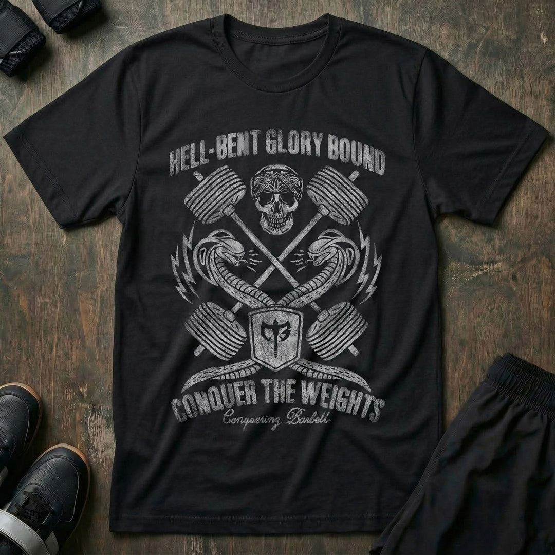 Conquering Barbell Hell-Bent Glory Bound tee in Black: a skull over two crossed barbells wrapped in serpents