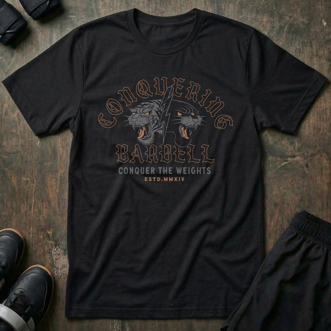 Conquering Barbell Raw Power tee in Black: a snarling tiger and panther split by a lightning bolt in grey and amber
