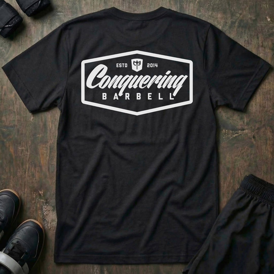 Conquering Barbell Script Logo - on Black tee - Conquering Barbell
