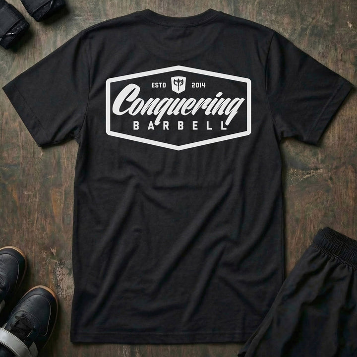 Conquering Barbell Script Logo - on Black tee - Conquering Barbell