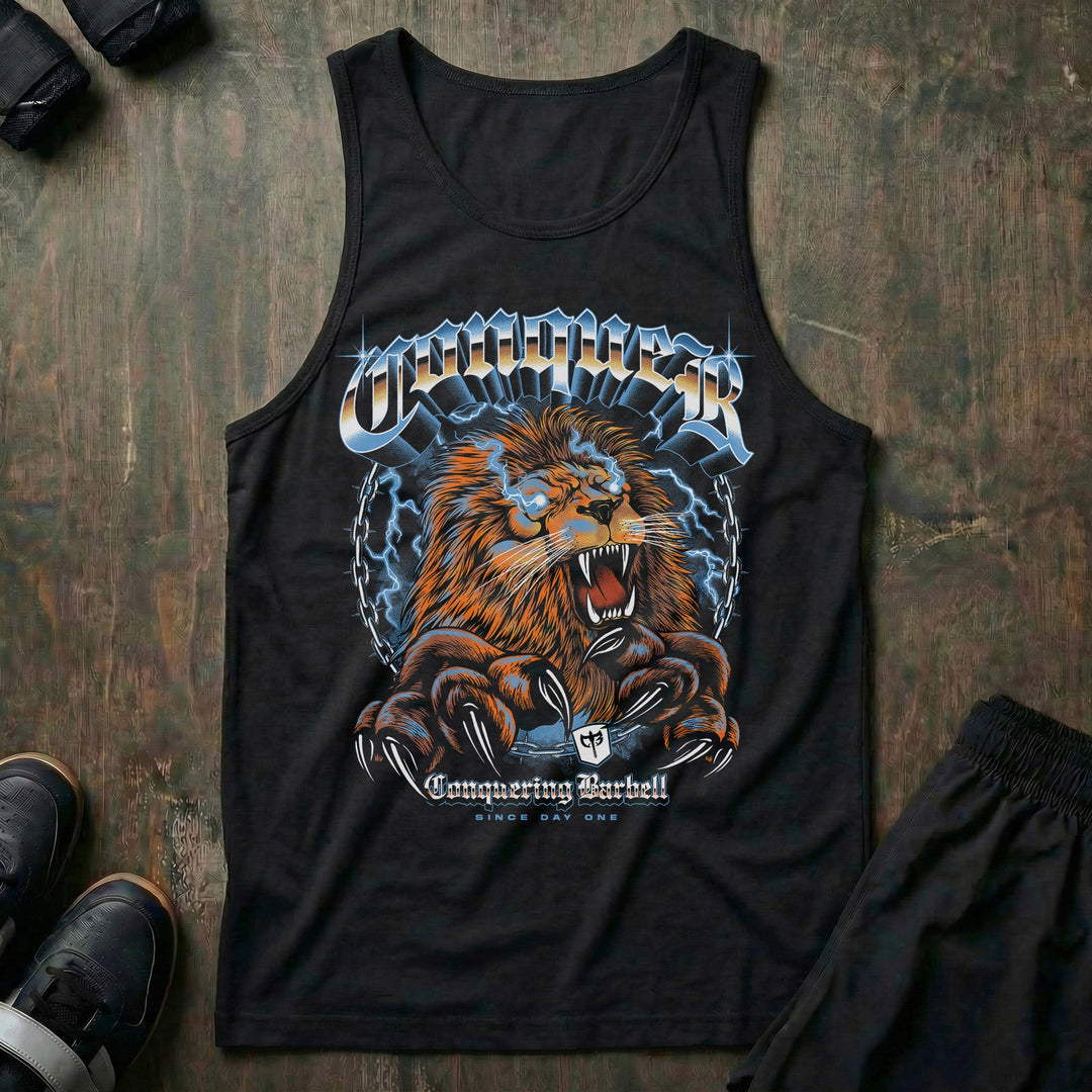 Conquering Lion - on Black tank top - Conquering Barbell