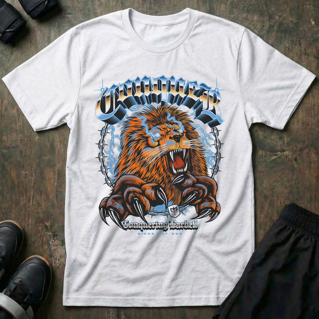 Conquering Lion - White Tee - Conquering Barbell