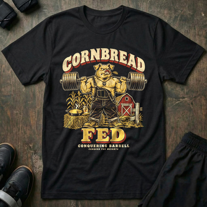 Cornbread Fed - Tee front graphic in Black with a hog in overalls with a loaded barbell on his back by a red barn - Conquering Barbell