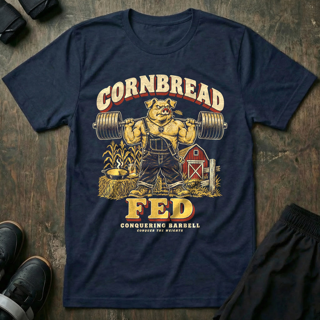 Cornbread Fed - Tee front graphic in Navy with a hog in overalls with a loaded barbell on his back by a red barn - Conquering Barbell