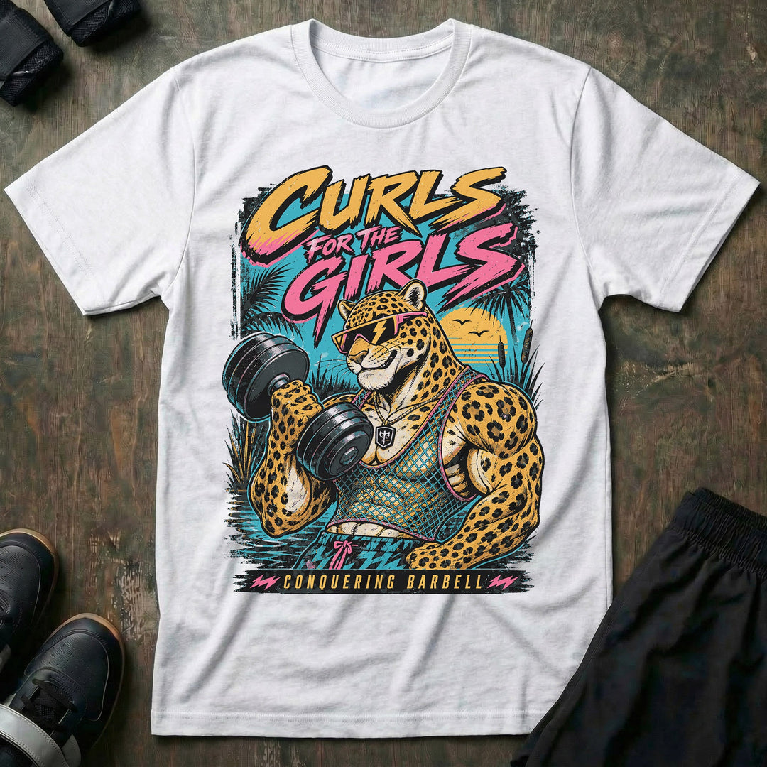Curls for the Girls tee in White: a jacked leopard in lightning bolt shades