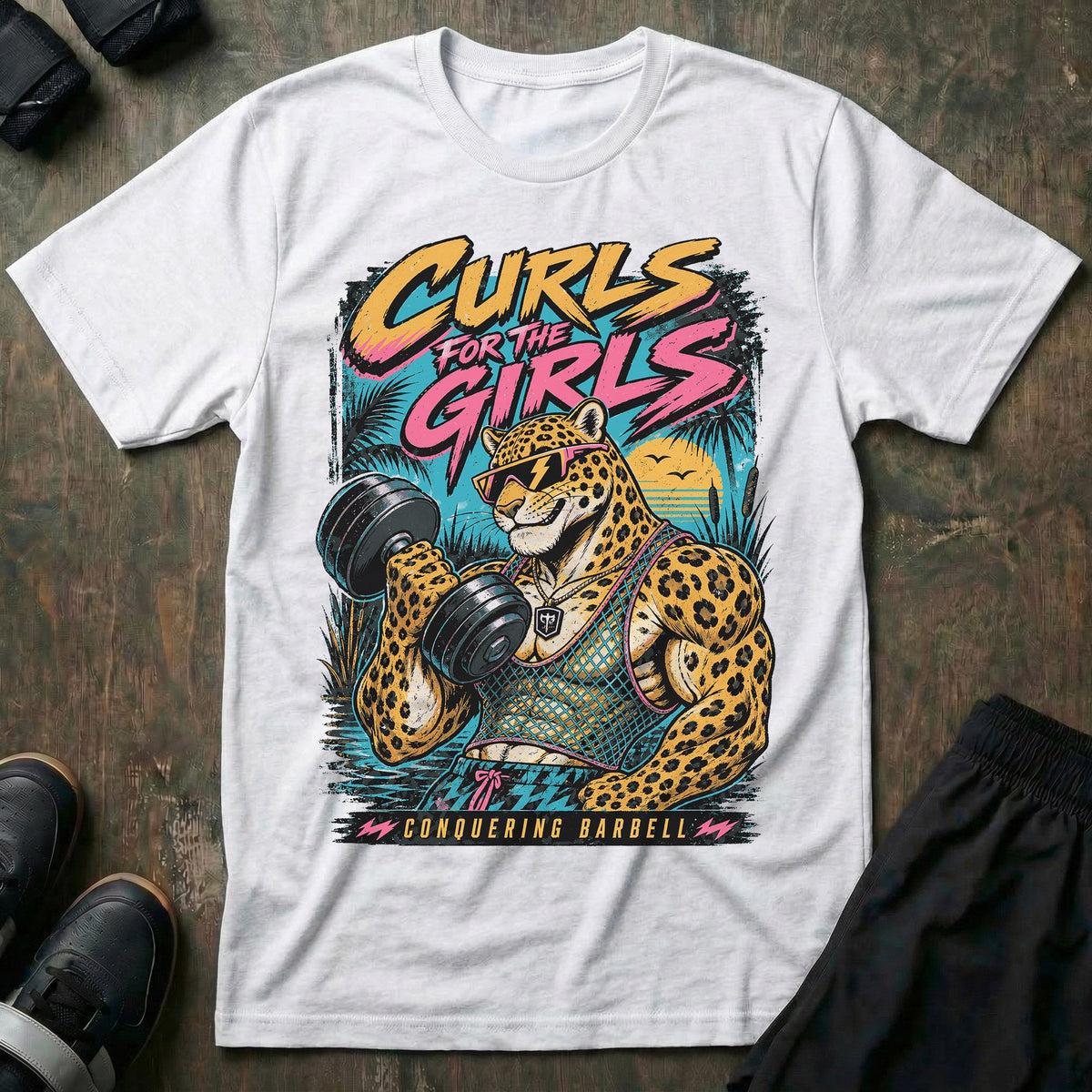 Curls for the Girls tee in White: a jacked leopard in lightning bolt shades