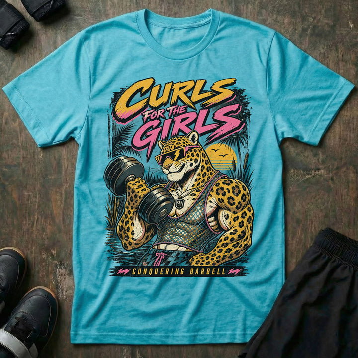 Curls for the Girls tee in Tahiti: a jacked leopard in lightning bolt shades