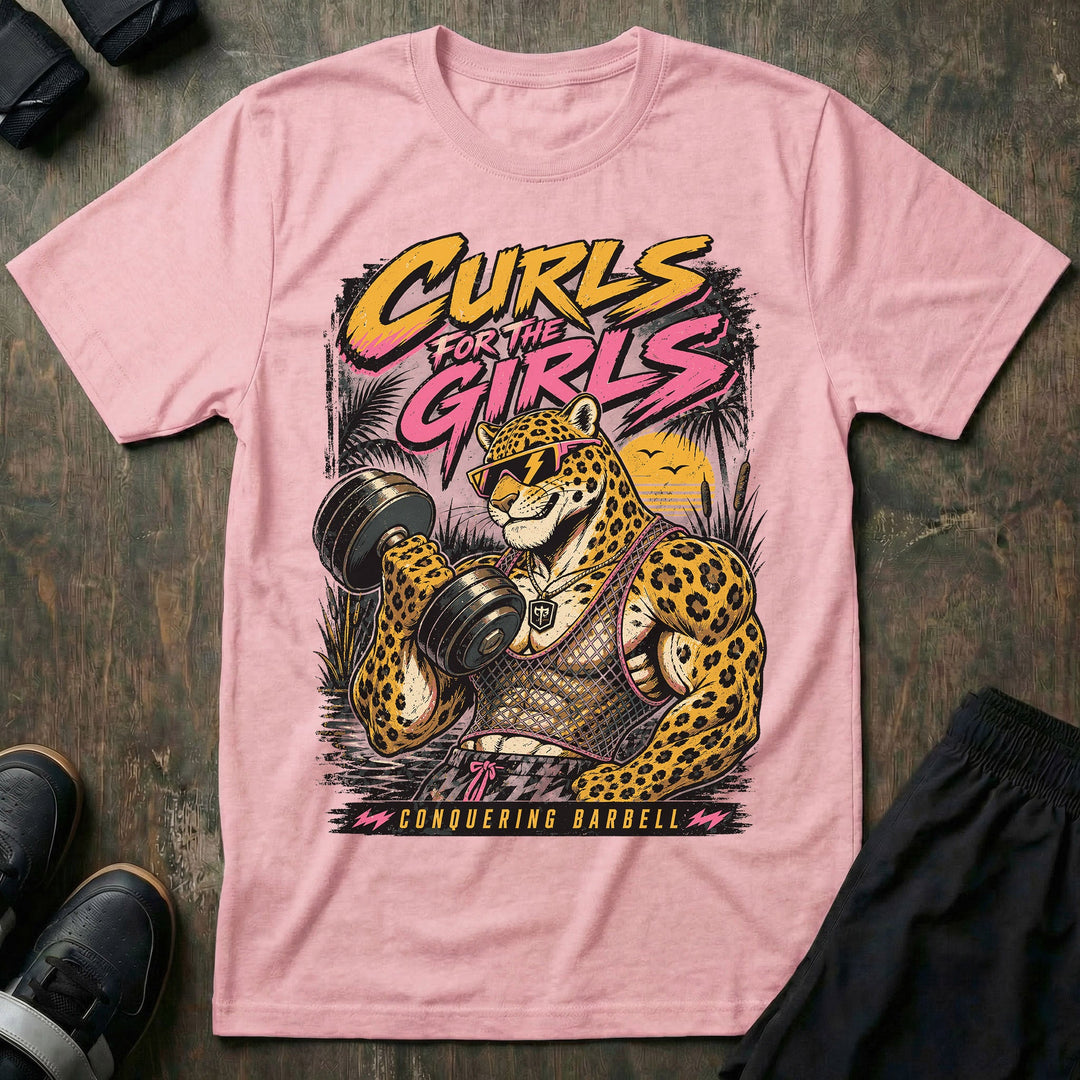 Curls for the Girls tee in Pink: a jacked leopard in lightning bolt shades