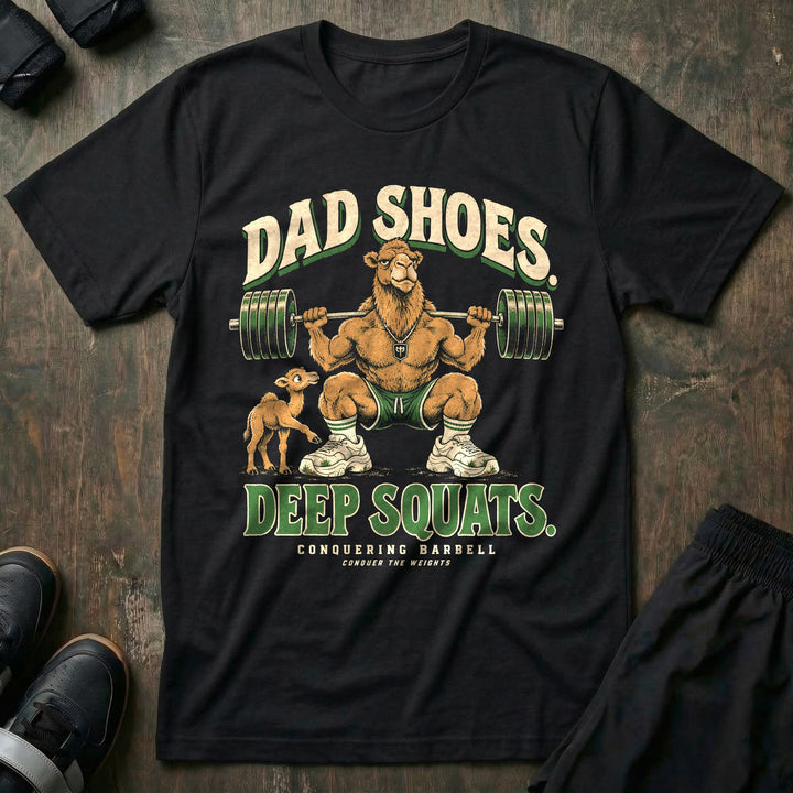 Dad Shoes. Deep Squats - Tee front graphic in Black with a camel dad in a deep squat with a loaded barbell wearing chunky white sneakers while a baby camel looks at his shoes - Conquering Barbell