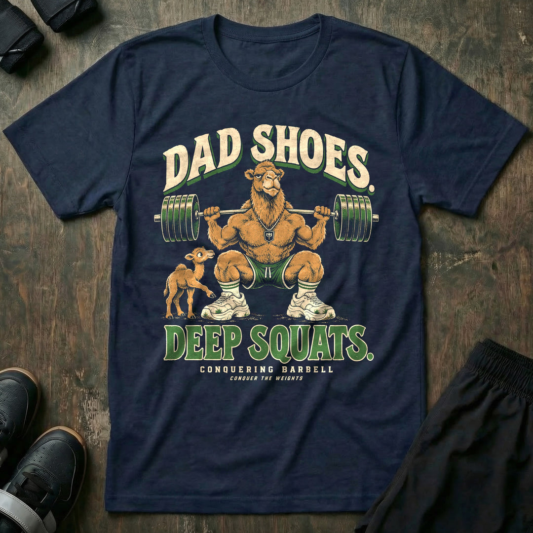 Dad Shoes. Deep Squats - Tee front graphic in Navy with a camel dad in a deep squat with a loaded barbell wearing chunky white sneakers while a baby camel looks at his shoes - Conquering Barbell