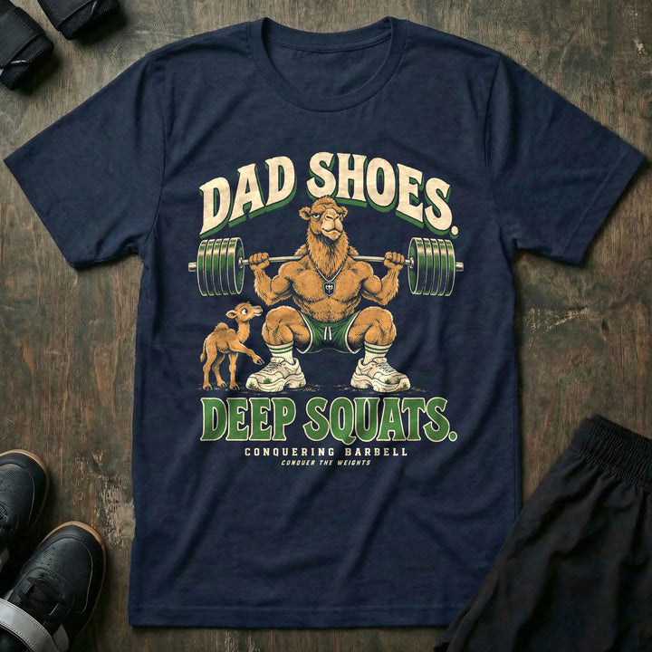Dad Shoes. Deep Squats - Tee front graphic in Navy with a camel dad in a deep squat with a loaded barbell wearing chunky white sneakers while a baby camel looks at his shoes - Conquering Barbell