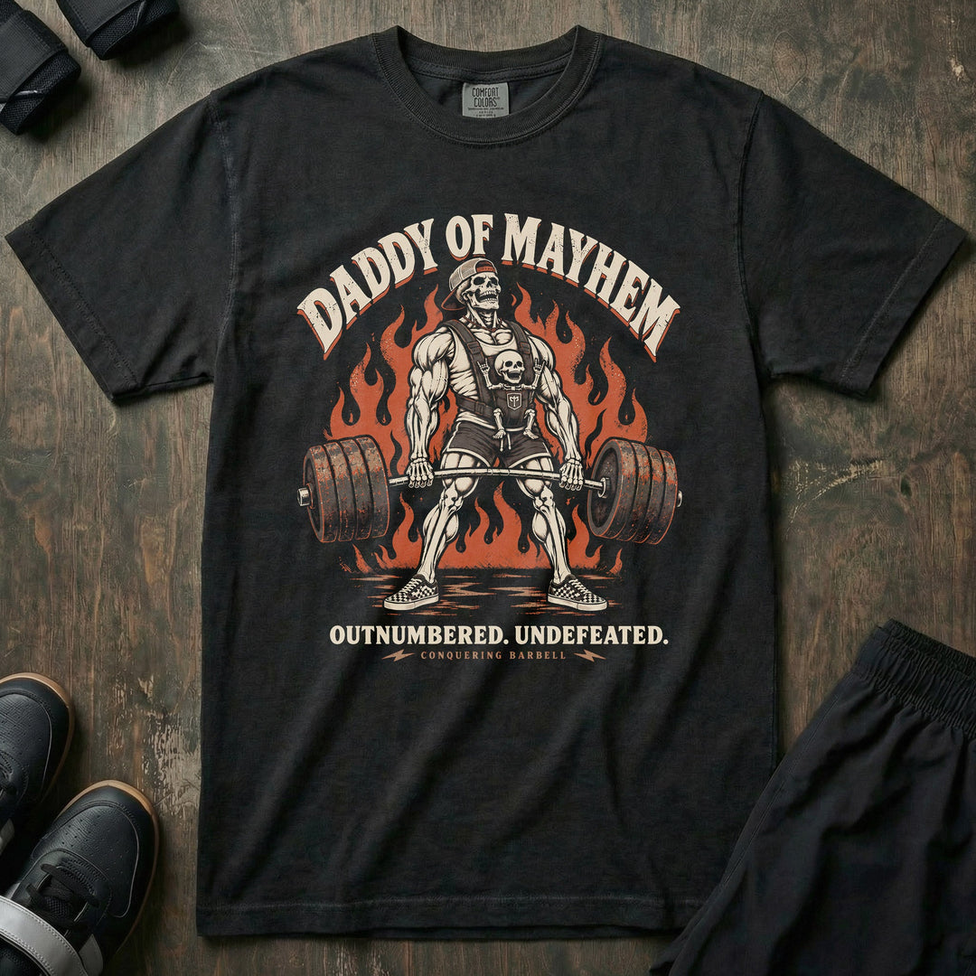 Daddy of Mayhem relaxed fit tee in Black: a skeletal dad pulling a loaded deadlift