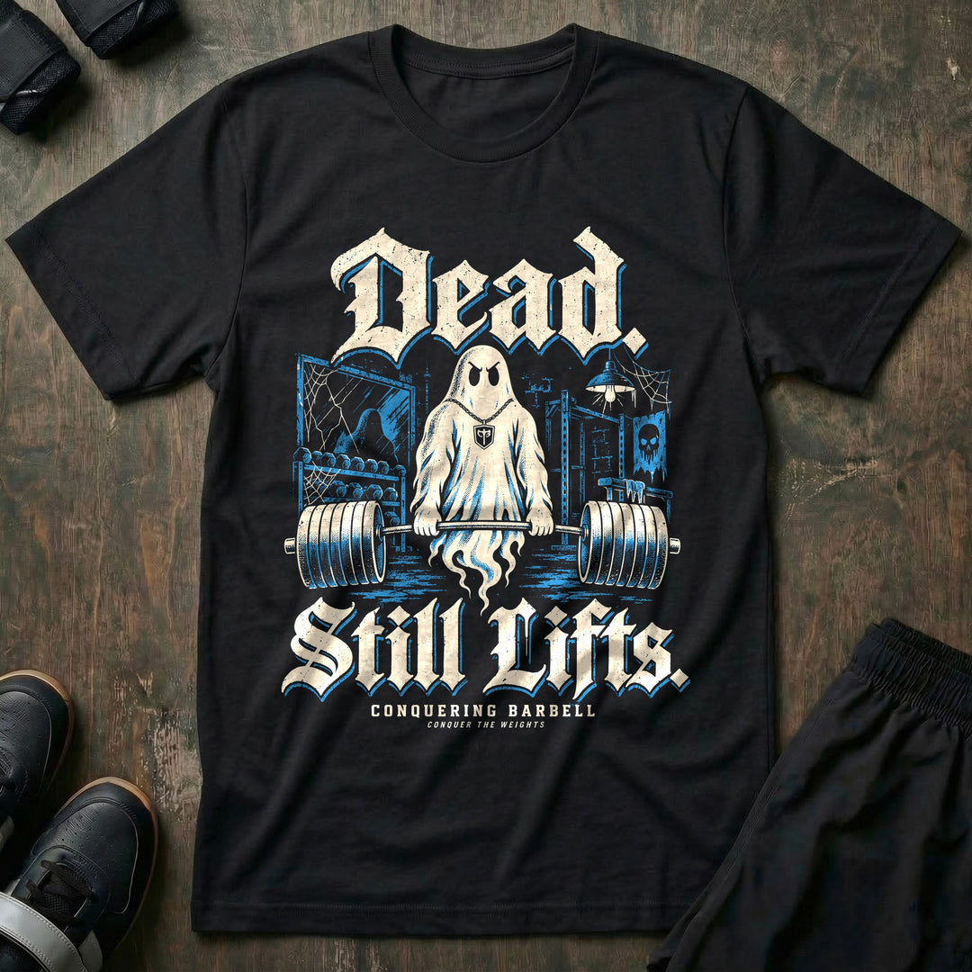 Dead Still Lifts - Tee front graphic in Black with a ghost deadlifting a loaded barbell in an abandoned gym - Conquering Barbell