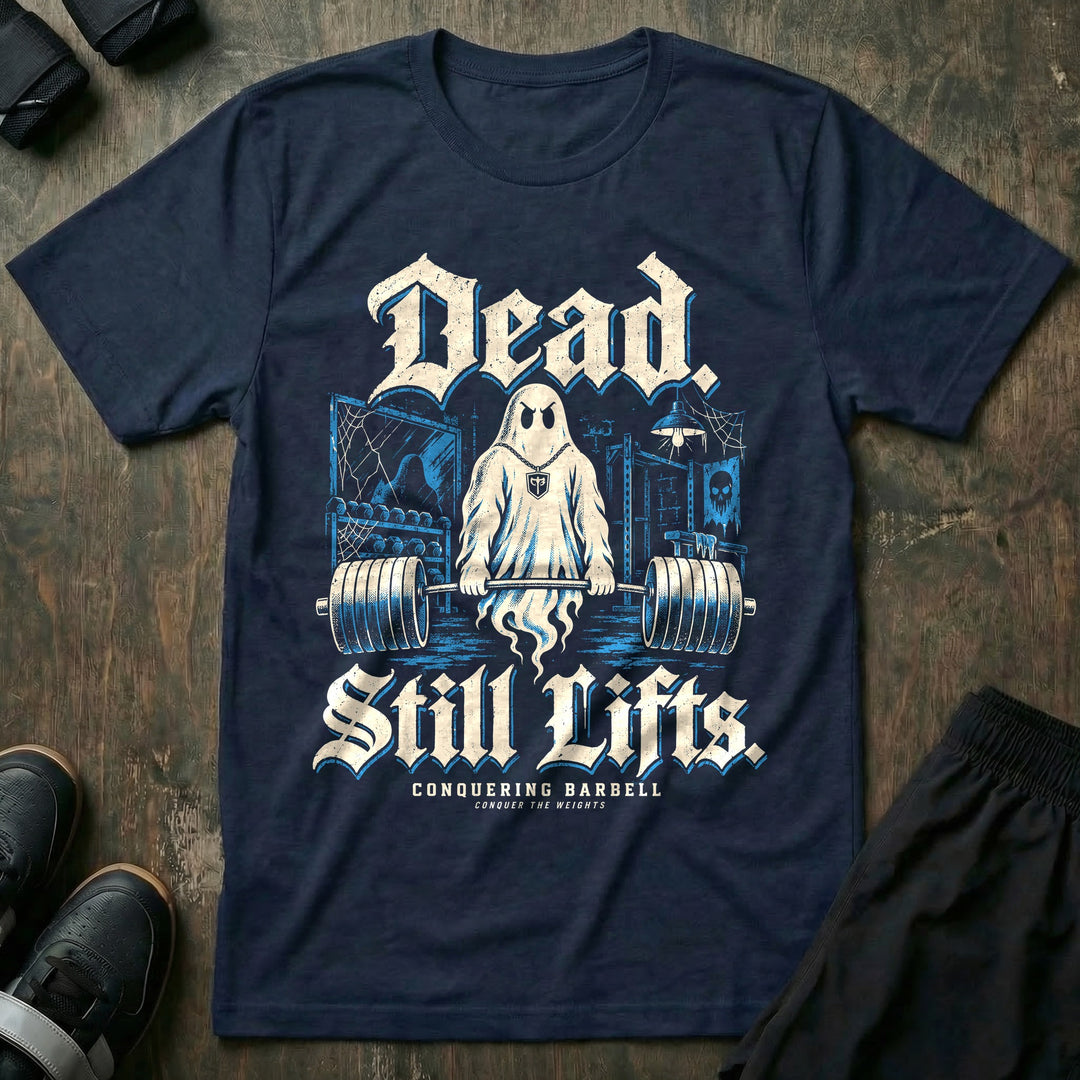 Dead Still Lifts - Tee front graphic in Navy with a ghost deadlifting a loaded barbell in an abandoned gym - Conquering Barbell