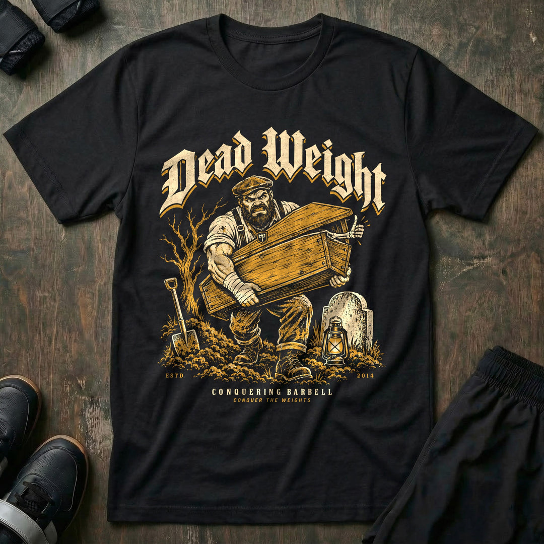 Dead Weight - Tee front graphic in Black with a bearded gravedigger carrying a coffin on his shoulder through a graveyard - Conquering Barbell