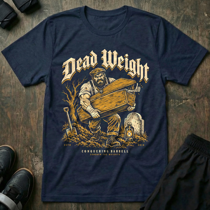 Dead Weight - Tee front graphic in Navy with a bearded gravedigger carrying a coffin on his shoulder through a graveyard - Conquering Barbell