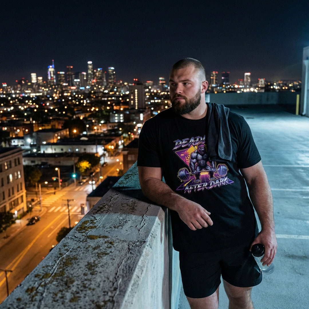 Deadlift After Dark tee in Black: a retro 80s-style gorilla pulling heavy in front of a neon triangle and palm trees