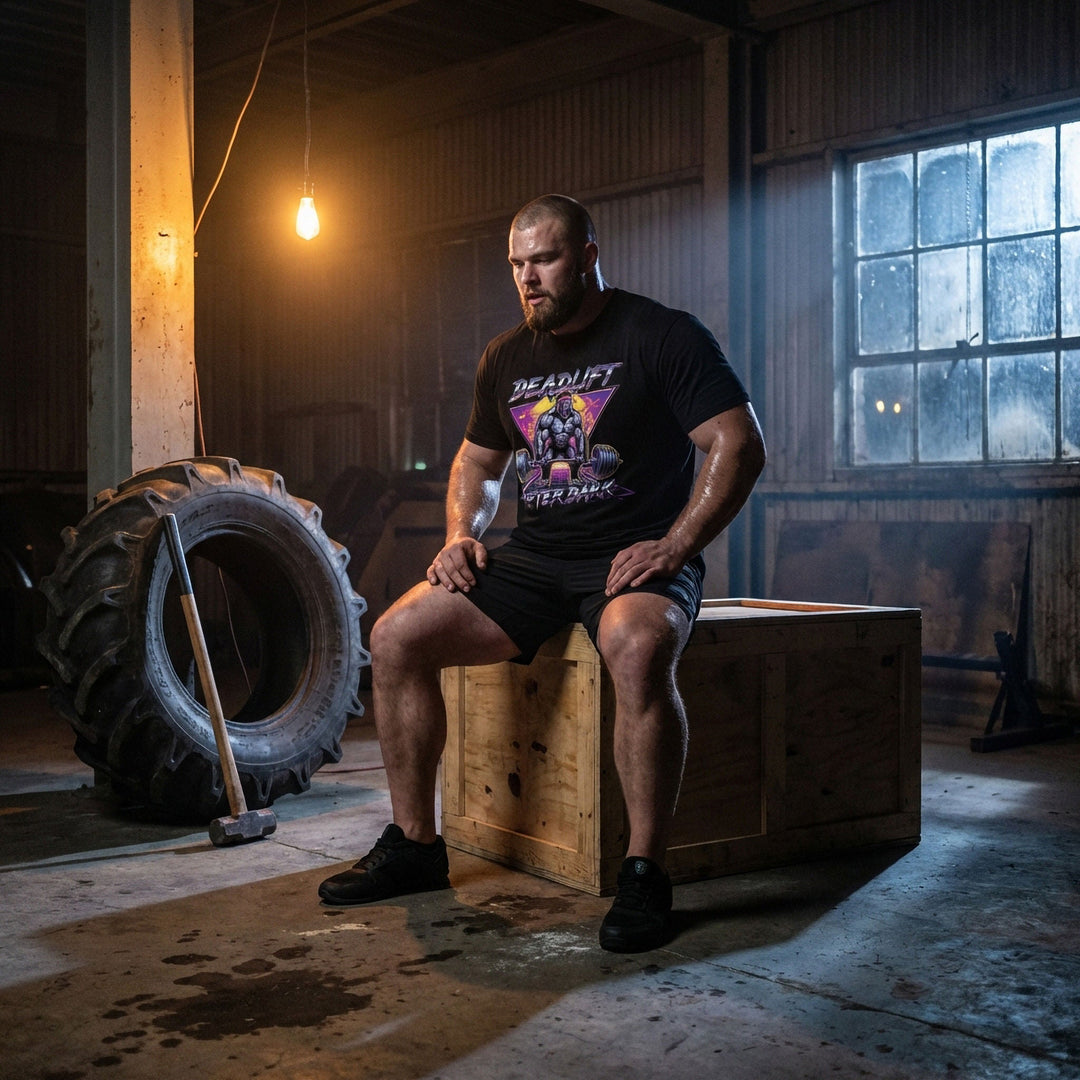 Deadlift After Dark tee in Black: a retro 80s-style gorilla pulling heavy in front of a neon triangle and palm trees