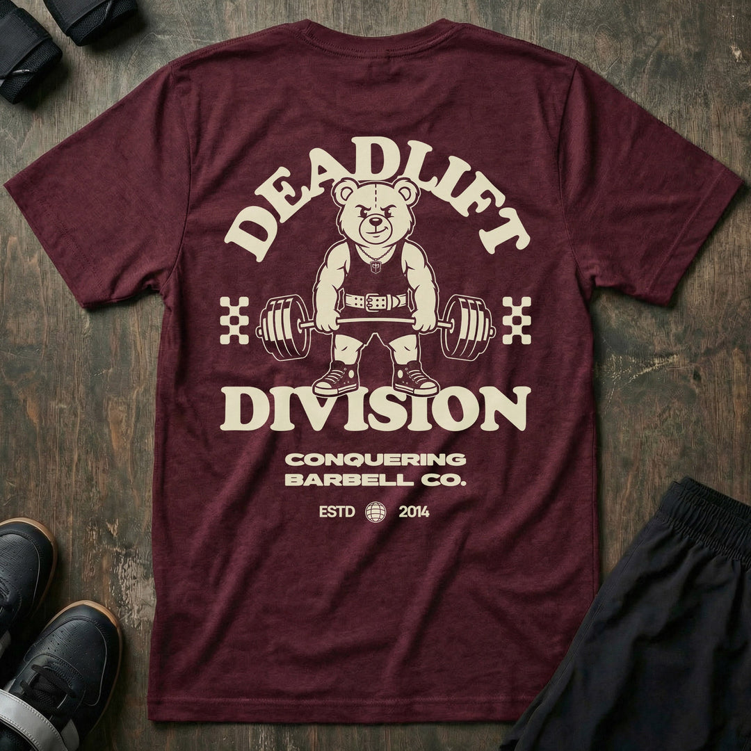 Deadlift Division tee in Maroon: a classic teddy bear pulling heavy in a lifting belt