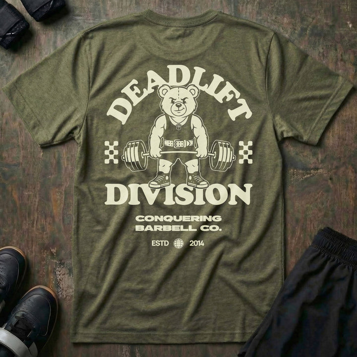 Deadlift Division tee in Military: a classic teddy bear pulling heavy in a lifting belt