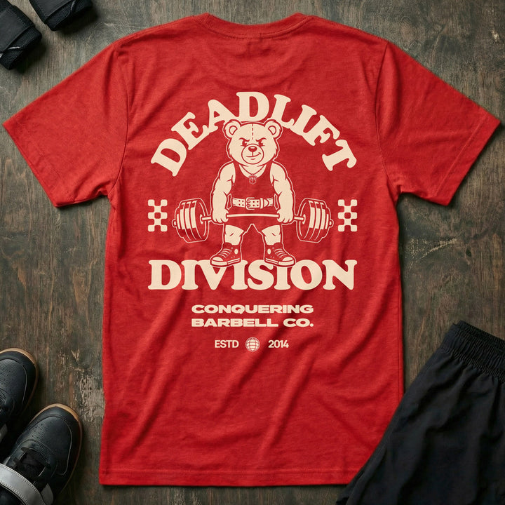 Deadlift Division tee in Red: a classic teddy bear pulling heavy in a lifting belt