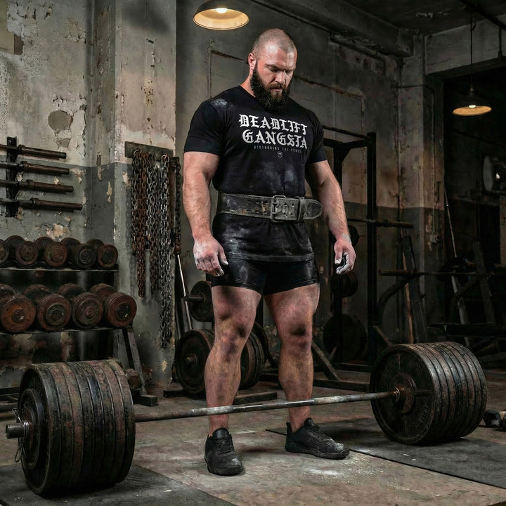 Deadlift Gangsta tee in Black: DEADLIFT GANGSTA in bold white blackletter across the chest